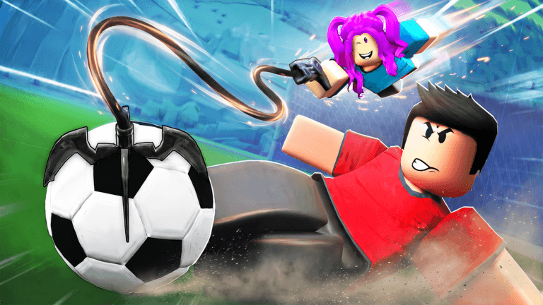 Official promotional artwork for the Roblox experience Illegal Soccer: a player in a red kit slides in on a football that is tethered to a grappling hook while a second player is carried alongside, inside a floodlit stadium.