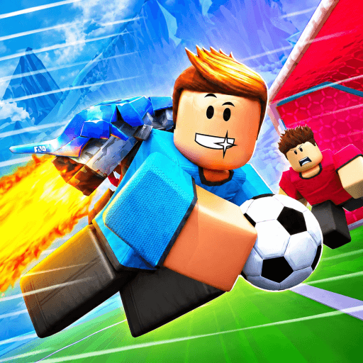 Official square icon for the Roblox experience Illegal Soccer, showing a player in a blue kit flying with a jetpack while carrying a football in front of a goal.